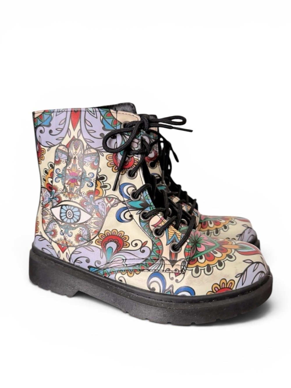Yes We Vibe Mandala & Hamsa Hand Print Vegan Moto Boots